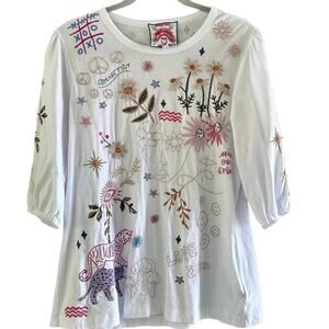Johnny Was Women's White Embroidered Tiger Flower Floral Peace T-Shirt Size S